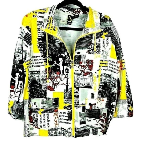 Collagecore Athleisure Abstract Yellow Jacket Women SIze Large Scenic Full Zip - Picture 1 of 9